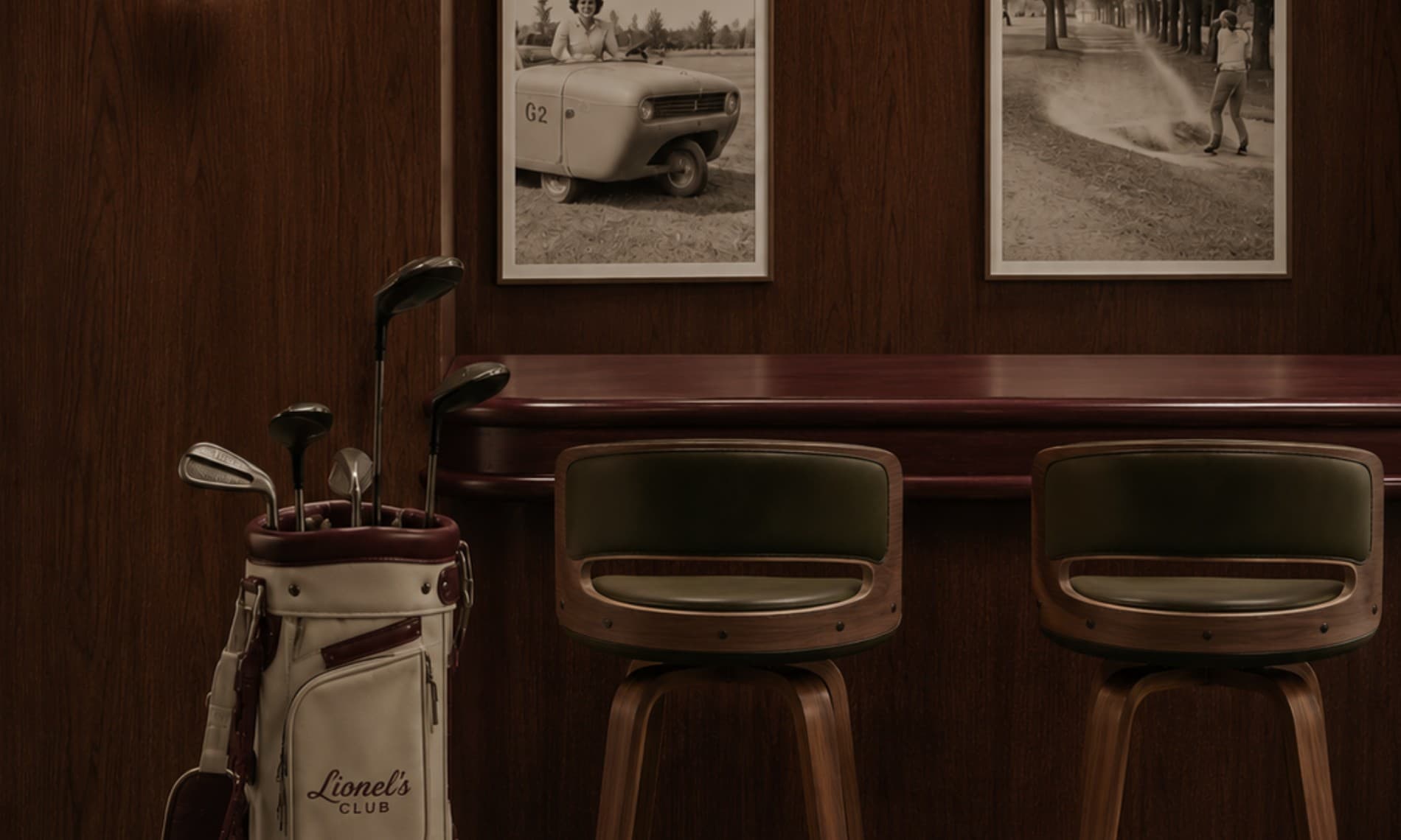 A Lionel's Club bag standing at the clubhouse bar
