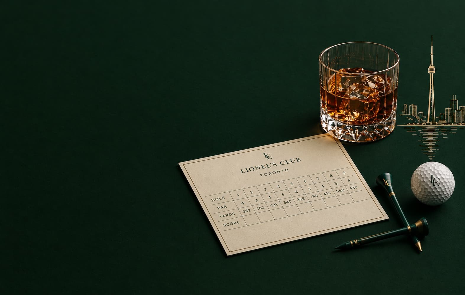 A Lionel's Club scorecard, a whisky on the rocks, wooden tees and a golf ball laid out on dark green felt